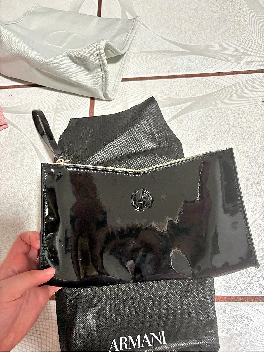 Armani Black Patent Cosmetic Pouch Wristlet Like New